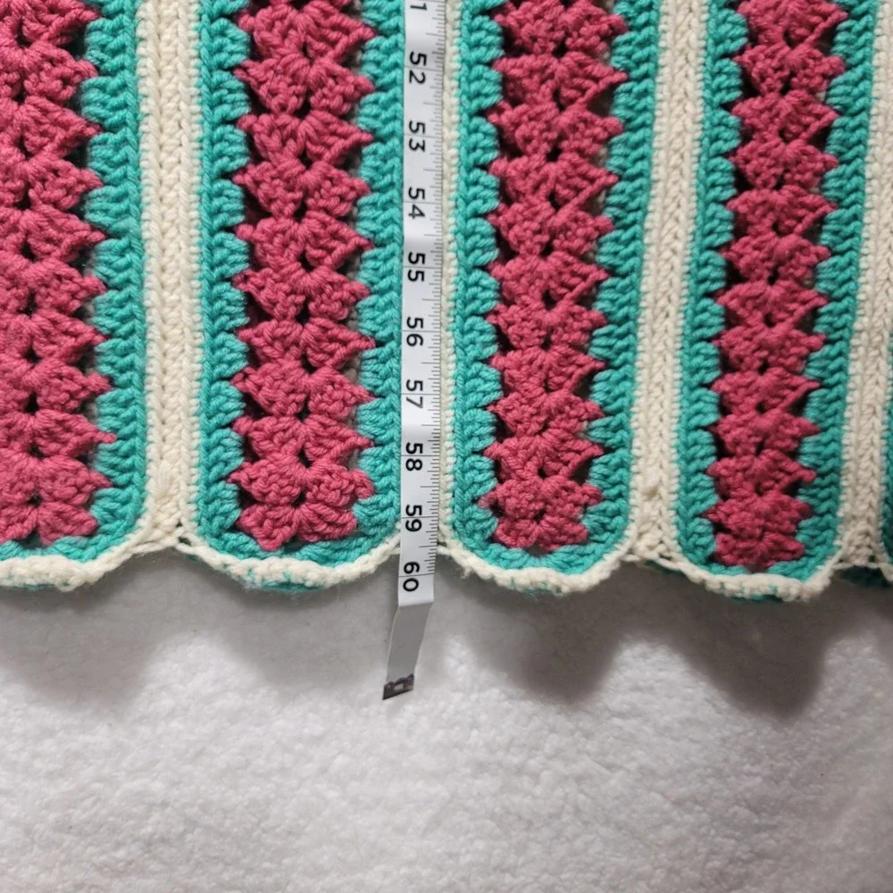 Handmade Crochet Blanket Scalloped Stripe Floral Pattern Pink Teal Cream 60x60